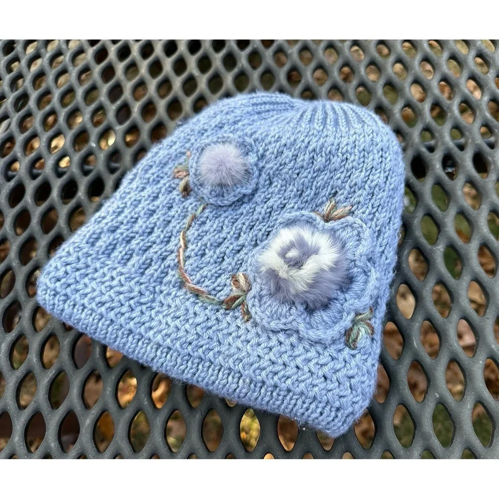 Hand knit Beanie with Knit Lining &‎ Faux Fur Flowers OS Kidcore
